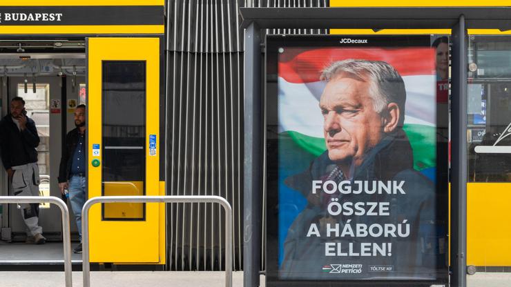 Hungarian government billboard with Viktor Orbán promoting anti-war message during the 2026 parliamentary election campaign in Budapest.