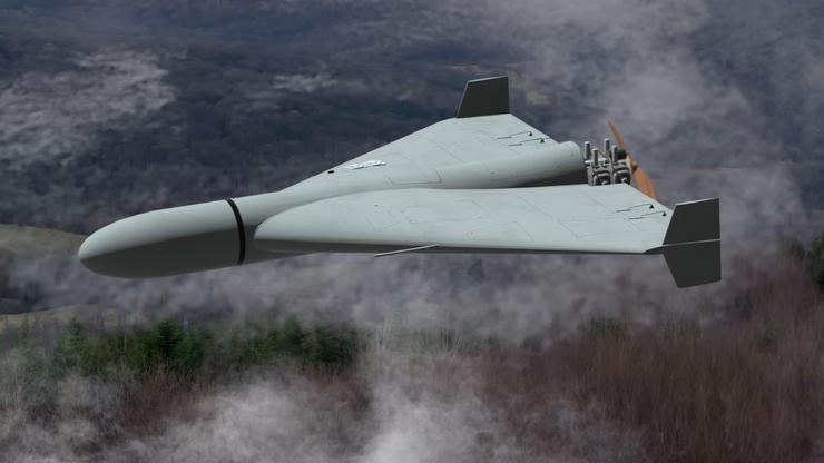 Russian military combat drone Shaheed flies over a forest, smoke from military action in Ukraine.