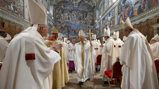 Pope Leo XIV celebrates a Holy Mass with the cardinals in the Sistine Chapel at the Vatican on May 9, 2025 at the conclusion of the Conclave. The morning after being elected the 267th Pope, Pope Leo XIV celebrates his first Mass as Pope. Photo by Vatican 