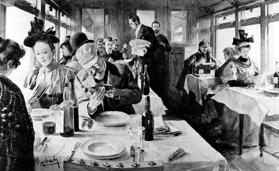 transport / transportation, railway, Orient Express, dining carriage, after drawing by Felician von Myrbach-Rheinfeld, wood engraving, circa 1895, Additional-Rights-Clearences-Not Available
