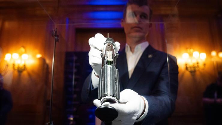 Darth Vader's hero duelling lightsaber (estimate £746,270 - £2,238,800) on display at The Dorcester in London ahead of an auction in Los Angeles in September 2025. Picture date: Wednesday August 6, 2025.
