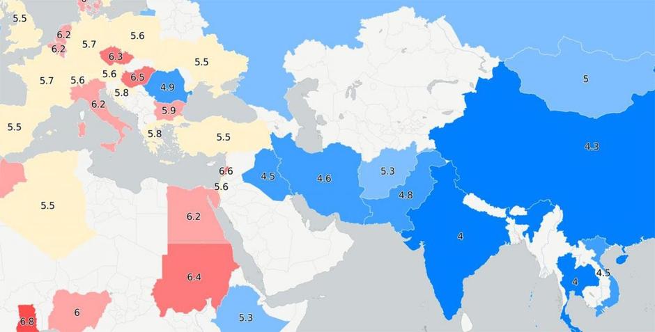 Karta svijeta po prosječnoj veličini penisa po državama | Author: Carto