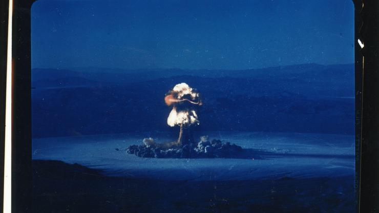Project 30-65 - Operation Plumbob (Nevada Test Site) Detonation. PRISCILLA fireball/cloud, aerial view. Photographs of Atmospheric Nuclear Testing at Pacific Island and Nevada Test Sites.