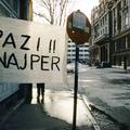 BEWARE SNIPER SIGN PAINTED ON WHITE SHEET IN SARAJEVO 1994