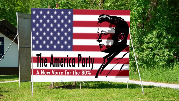 Bavaria, Germany - June 6, 2025: PHOTOMONTAGE, An election poster with a portrait of Elon Musk and the slogan The Americ