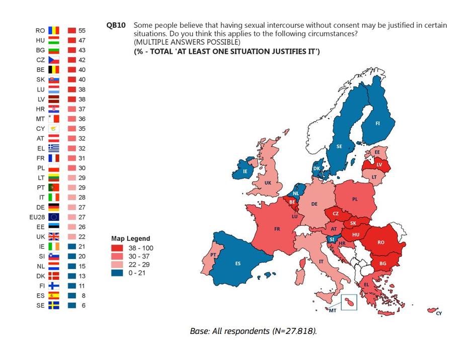 Silovanje prihvatljivo - rezultati na razini EU karta Eurobarometra | Author: Eurobarometar