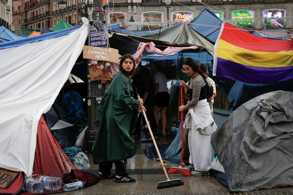Demonstrators camp in Puerta del Sol square in Madrid