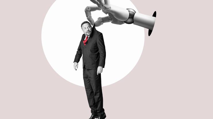 Flat design art. An ai algorithm ousts workers. Job loss due to AI technology.