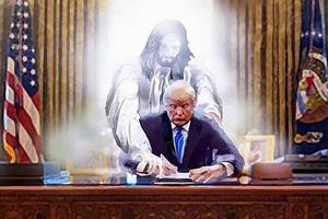 Isus Krist vodi djela Donalda Trumpa, ilustracija