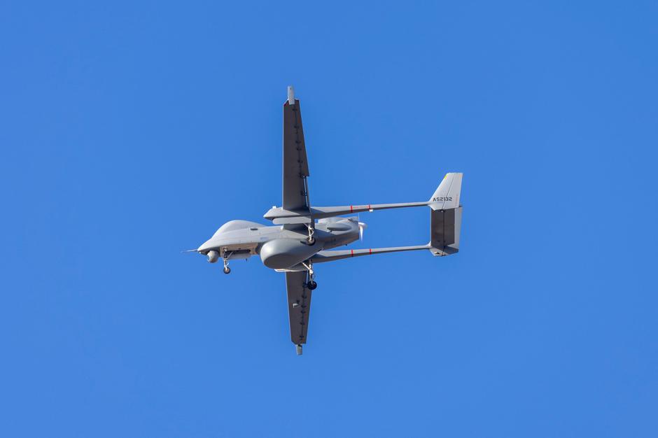 Maltese Air Force IAI Heron Shoval Drone (Reg.: AS2132) returning to land after a surveillance flight to the south of Malta. | Author: Profimedia