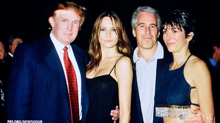 A PBS News Hour screenshot of a photograph showing U.S. President Donald Trump socializing with accused pedaphile Jeffrey Epstein.