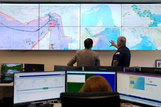 A view of screens showing shipping in the Middle East at the UK Maritime Trade Organisation (UKMTO) in Portsmouth, Hampshire, the Royal Navy centre monitoring shipping traffic in the Gulf. Picture date: Monday April 27, 2026.