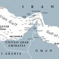 Strait of Hormuz, gray political map. Waterway between Persian Gulf and Gulf of Oman. Strategically very important choke point.