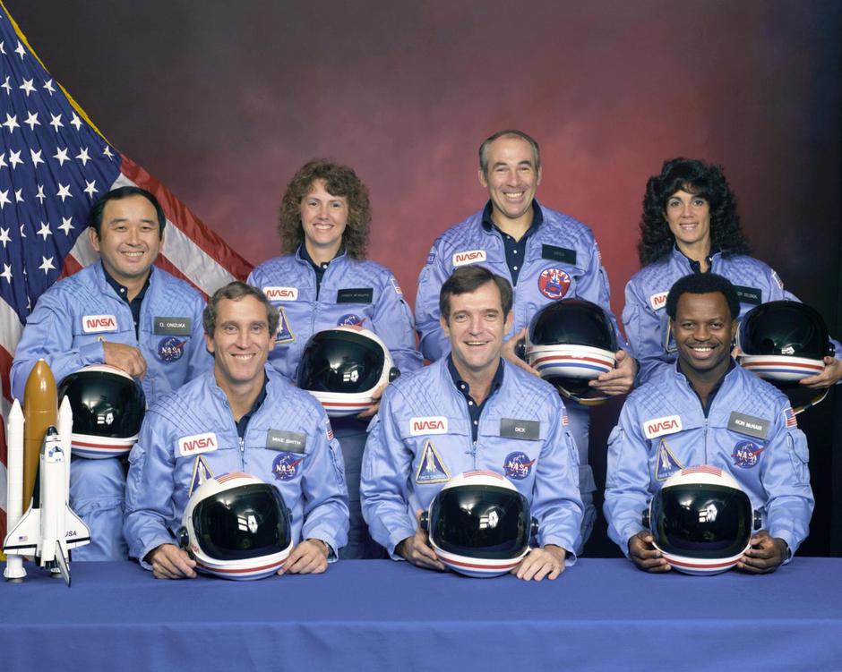 The crew of the Space Shuttle Challenger during the STS-51L mission, captured here in a formal photograph. The crew members included Commander Dick Scobee, Pilot Mike Smith, Mission Specialists Ron McNair, Judy Resnik, and Ellison Onizuka, along with Payl | Author: 