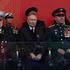 Moscow, Russia. 09th May, 2026. Russian President Vladimir Putin, center, sits with war veterans on the review stand during the annual Victory Day parade at Red Square, May 9, 2026 in Moscow, Russia. The annual parade is marking the 81st anniversary of th