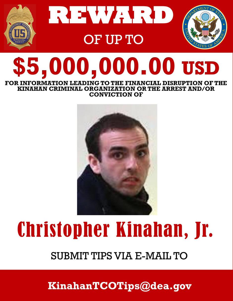 Handout issued by Bureau of International Narcotics and Law Enforcement Affairs, a US state department, of a poster issued in April 2022 offering a reward of $5million for the arrest and/or conviction of Christopher Kinahan jun. Kinahan is being sought by | Author: 