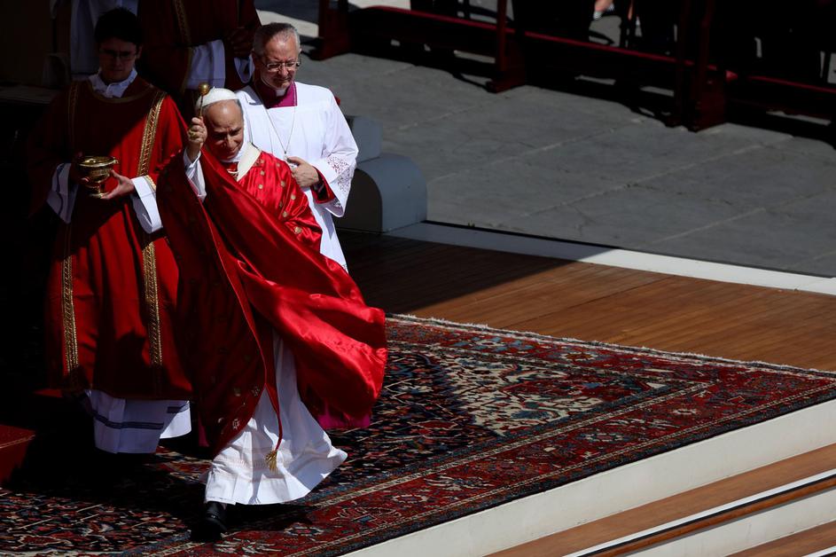 Vatican City, Italy June 8, 2025: Pope Leo XIV blesses with holy water. Pope Leo XIV, Robert Francis Prevost, in St. Peter's Square celebrates Penteco