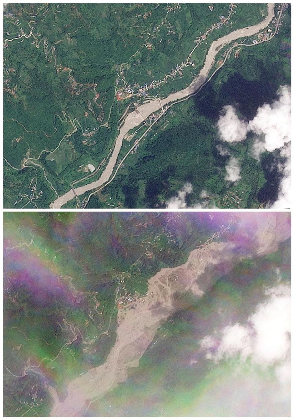A combination of satellite images shows an area of Betrawati before and after deadly flash floods and a mudslide affected the region | Author: 2026 Planet Labs PBC/REUTERS