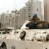 United Nations armoured personnel carriers stationed on Sniper Alley in the centre of Sarajevo during the city's siege in 1995