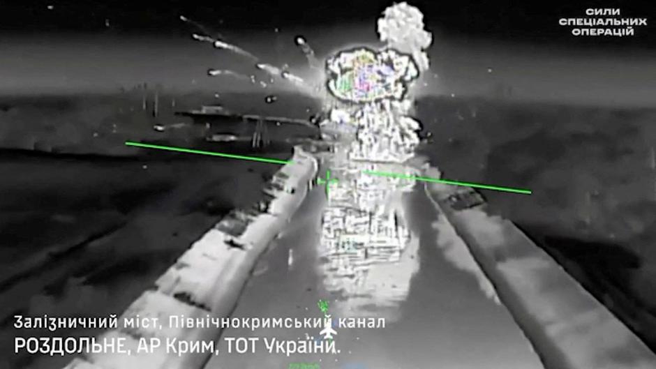 A drone footage shows fire and smoke rising from a bridge, which Ukraine's military says was destroyed by them, near Rozdolne | Author: SPECIAL OPERATIONS FORCES OF ARM