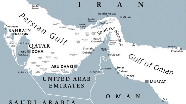 Strait of Hormuz, gray political map. Waterway between Persian Gulf and Gulf of Oman. Strategically very important choke point.