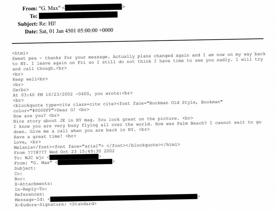 An email exchange that appears to be between Melania Trump and Ghislaine Maxwell in image released by U.S. Justice Department | Author: U.S. Justice Department/REUTERS