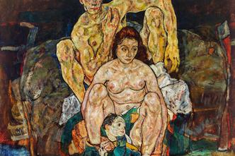 Egon Schiele, Crouching couple (The family), painting in oil on canvas, 1918