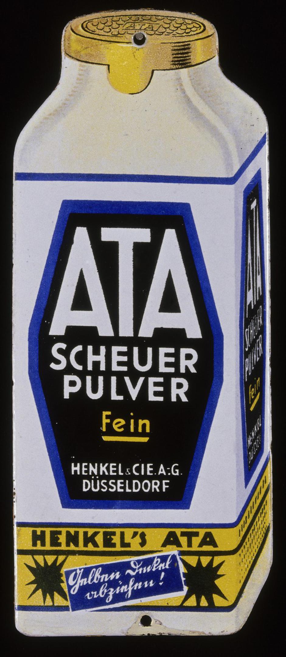 advertising, household, ATA scrubbing powder fine, Henkel Duesseldorf, porcelain enamel sign, 7.5x18 cm, Austria, 1930, Additional-Rights-Clearences-Not Available | Author: Profimedia