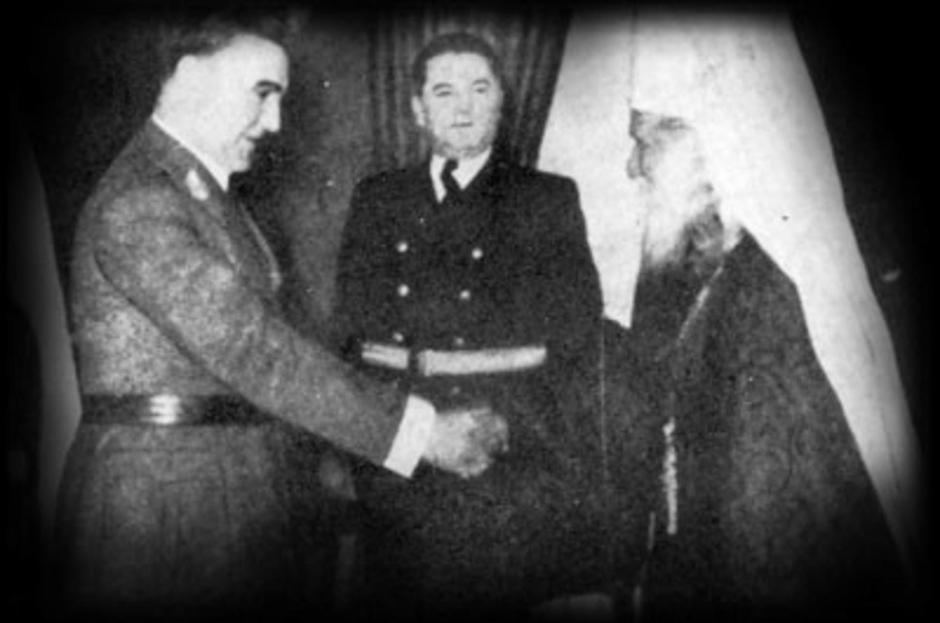 A historical photograph depicting Ante Pavelić, Andrija Artuković, and Germogen, key figures in Croatia and Yugoslavia during the mid-20th century. The image reflects their political and wartime influence. | Author: 