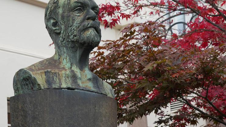 A bust for Alfred Nobel is seen outside the Norwegian Nobel Institute in Oslo