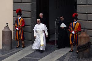 Pope Leo XIV addresses the crowd for the Angelus prayer in Castel Gandolfo