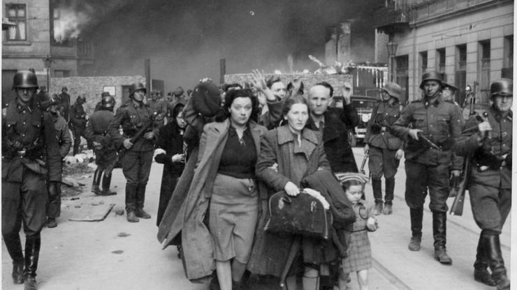 Warsaw Ghetto Uprising - Photo from Jürgen Stroop Report to Heinrich Himmler from May 1943. Captured Jews are led by Ge