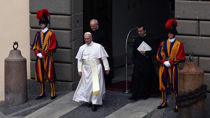 Pope Leo XIV addresses the crowd for the Angelus prayer in Castel Gandolfo