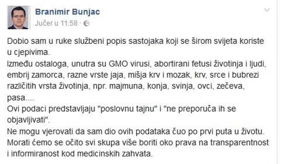 FB post Branimira Bunjca o cjepivima | Author: Facebook
