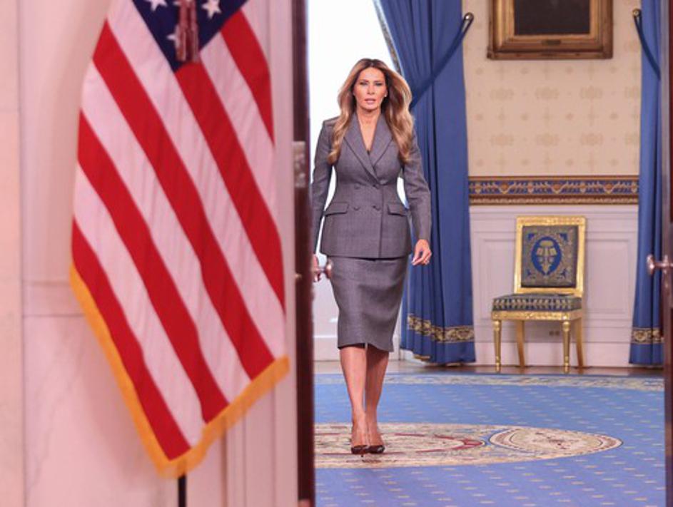 US First Lady Melania Trump delivers remarks in the White House in Washington, DC, USA.
