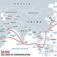 Indo-Pacific major energy SLOCs political map. Geopolitically critical Sea Lines Of Communication. Primary maritime routes between ports. Supply chain.