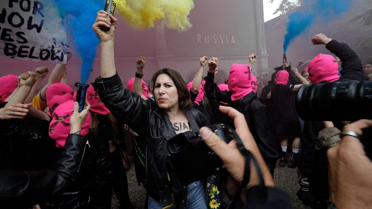 Pussy Riot protests outside the Russian Pavilion at the Venice Biennale