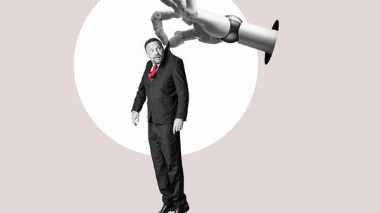 Flat design art. An ai algorithm ousts workers. Job loss due to AI technology.