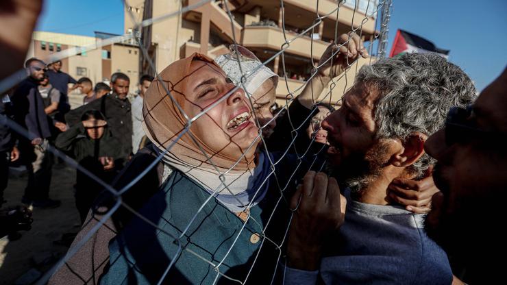Palestinians released by Israel under the first phase of the ceasefire agreement arrive at Nasser Hospital