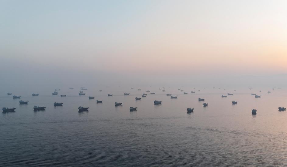 A drone view shows vessels in the Strait of Hormuz, as seen from Musandam