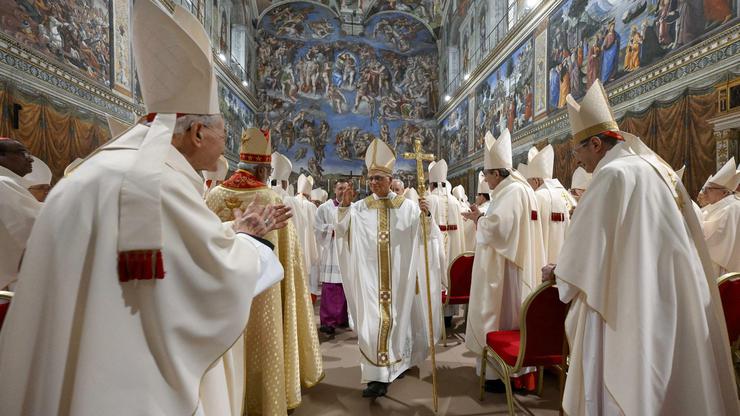 Pope Leo XIV celebrates a Holy Mass with the cardinals in the Sistine Chapel at the Vatican on May 9, 2025 at the conclusion of the Conclave. The morning after being elected the 267th Pope, Pope Leo XIV celebrates his first Mass as Pope. Photo by Vatican 