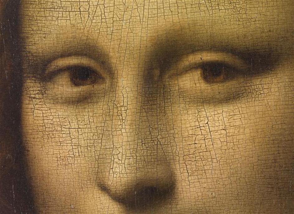 This famous detail of the *Mona Lisa*, painted by Leonardo da Vinci, highlights the enigmatic eyes of the subject. The portrait, housed in the Louvre, is renowned for its intricate rendering and the mysterious expression of the sitter, which has intrigued