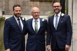 London, UK. March 5th, 2016. File Photo. Rupert Murdoch steps down as Chairman of Fox and NewsCorp. His son Lachlan Murdoch takes over from him. Seen here in 2016 Rupert Murdoch accompanied by his sons James Murdoch, and Lachlan Murdoch (left) attending t