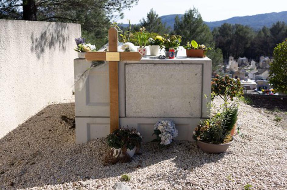 Grave of Emile Soleil at the cemetery of La Bouilladisse on March 28, 2025. After Police custody over the grandparents of Emile Soleil, a French toddler who went missing nearly two years ago, was lifted on March 27, 2025. Philippe Vedovini was detained wi