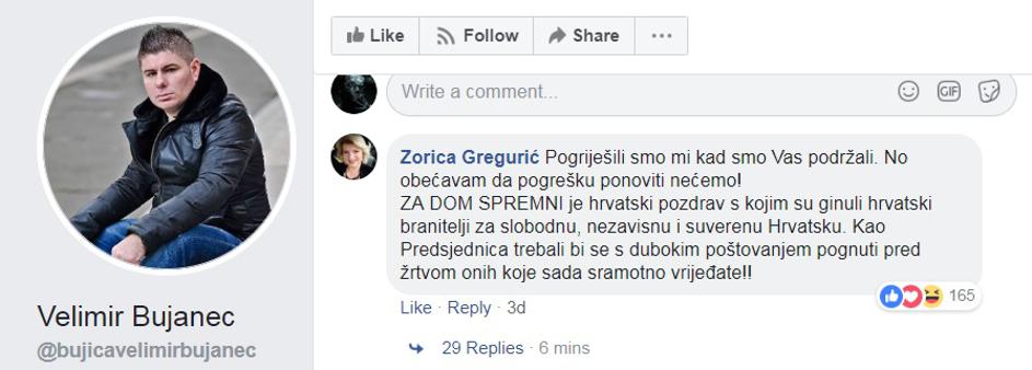Komentar Zorice Gregurić na Facebooku