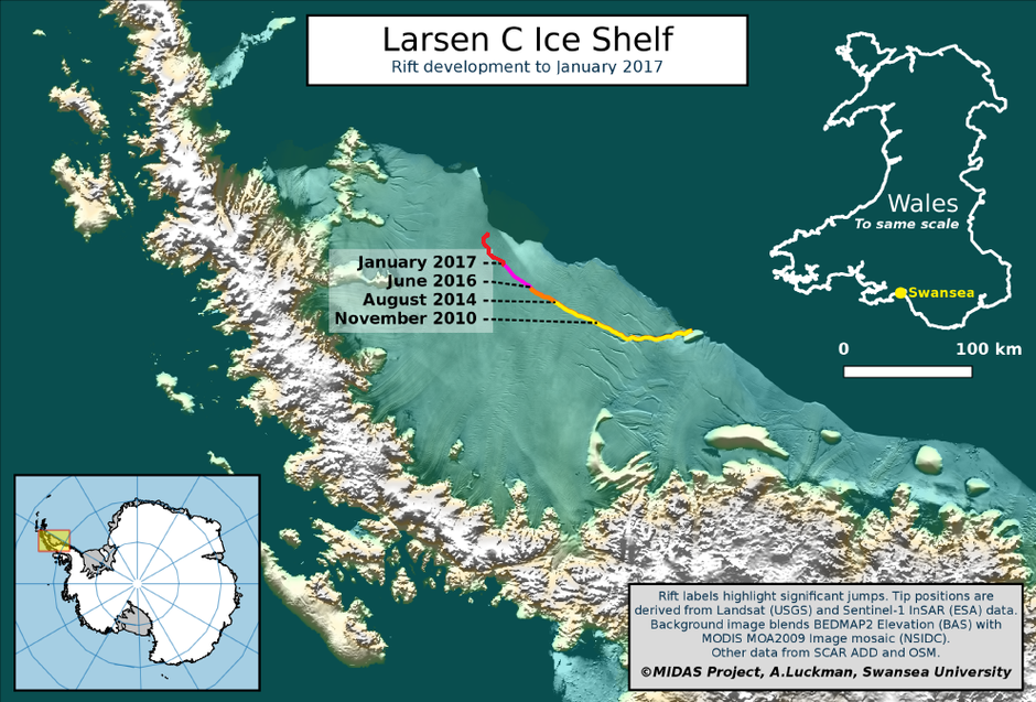Antarktički poluotok i Ledena ploča Larsen C koja se raspada | Author: MIDAS Project, A. Luckman, Swansea University