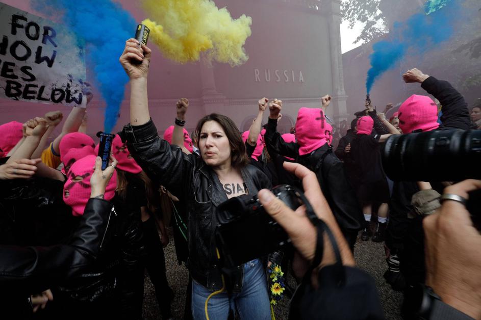 Pussy Riot protests outside the Russian Pavilion at the Venice Biennale