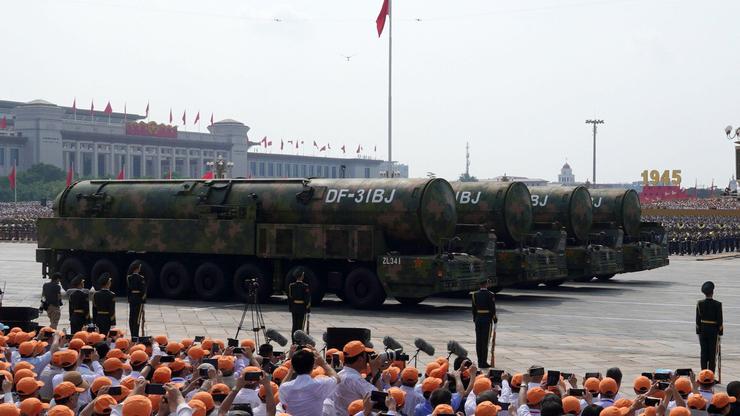 Beijing,China.3rd September 2025. The nuclear missile formation consisting of DF-31BJ land-based intercontinental missiles seen during V-Day military parade to commemorate the 80th anniversary of the victory in the Chinese People's War of Resistance again