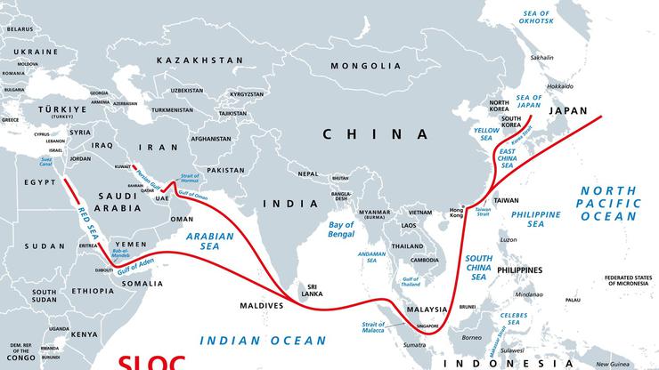 Indo-Pacific major energy SLOCs political map. Geopolitically critical Sea Lines Of Communication. Primary maritime routes between ports. Supply chain.