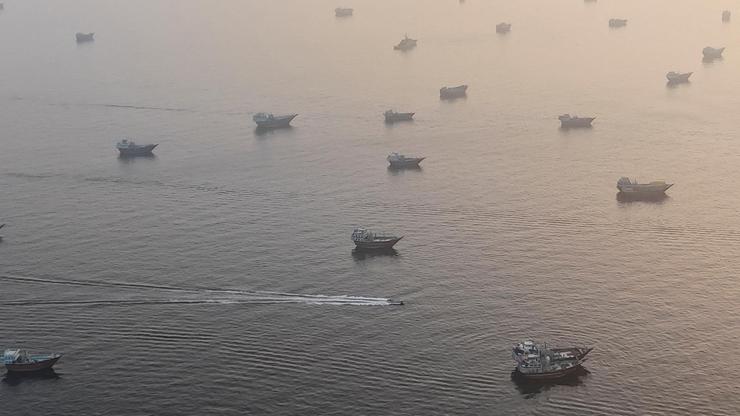 A drone view shows vessels in the Strait of Hormuz, as seen from Musandam